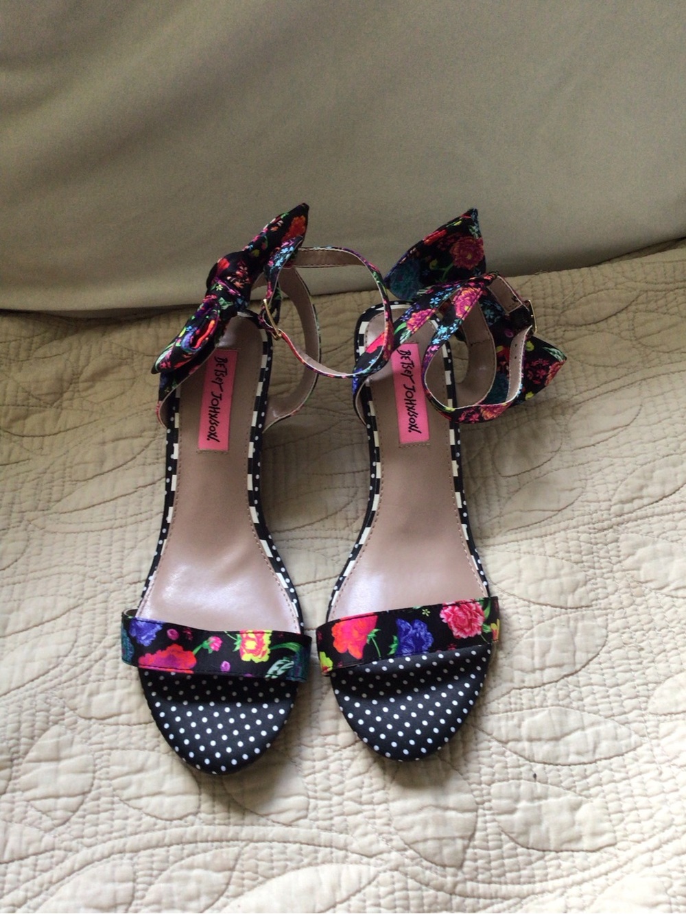 Betsey Johnson Black Floral & Polka Dot Wedge Sandals
